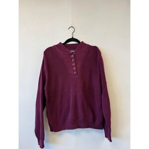 Vintage Lands End Sweater Mens‎ Large Brugundy Henley Ribbed Knit Pullover 90s